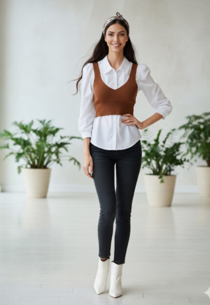 شومیز سفید جلیقه سرخود