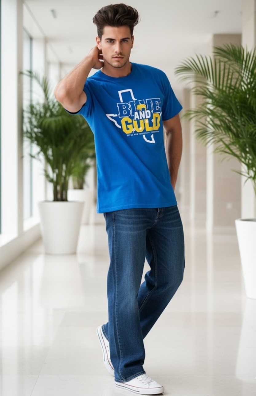 تیشرت مردانه آبی چاپ زرد تیشرت مردانه آبی چاپ زرد