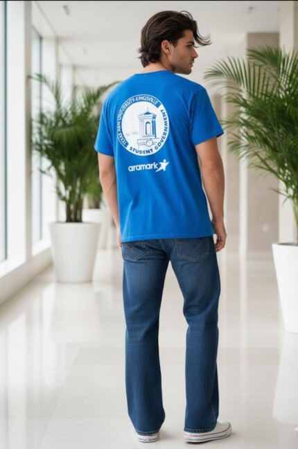 پشت تیشرت مردانه آبی چاپ زرد