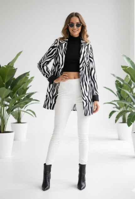 بارانی جلو باز سیاه سفید کوتاه