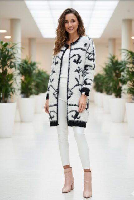 بافت جلو باز لانگ سیاه سفید